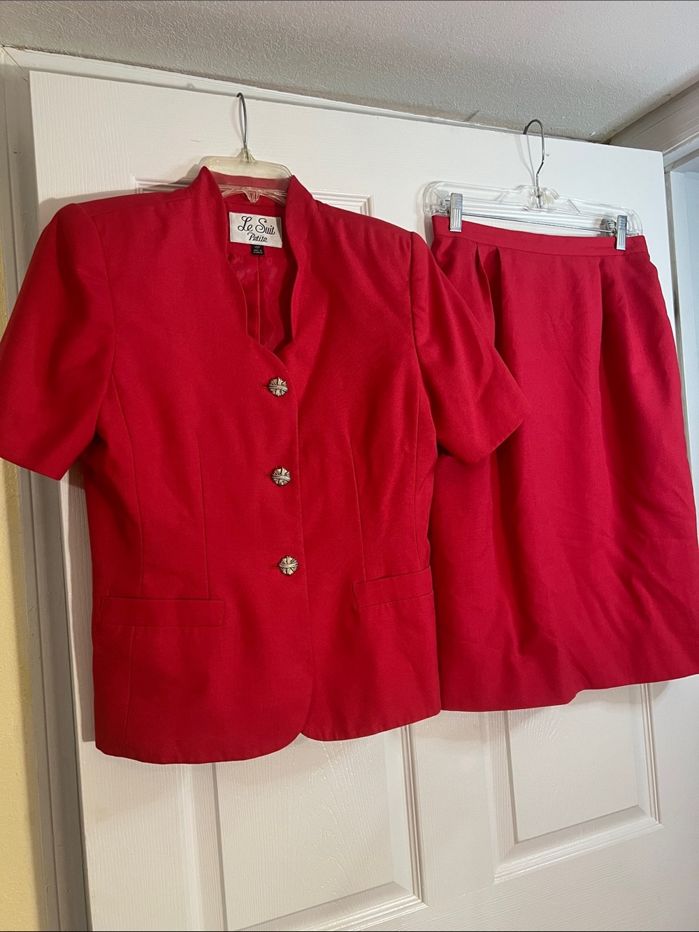Le Suit Petite Bright Red Short-Sleeve Blazer with Matching Skirt
